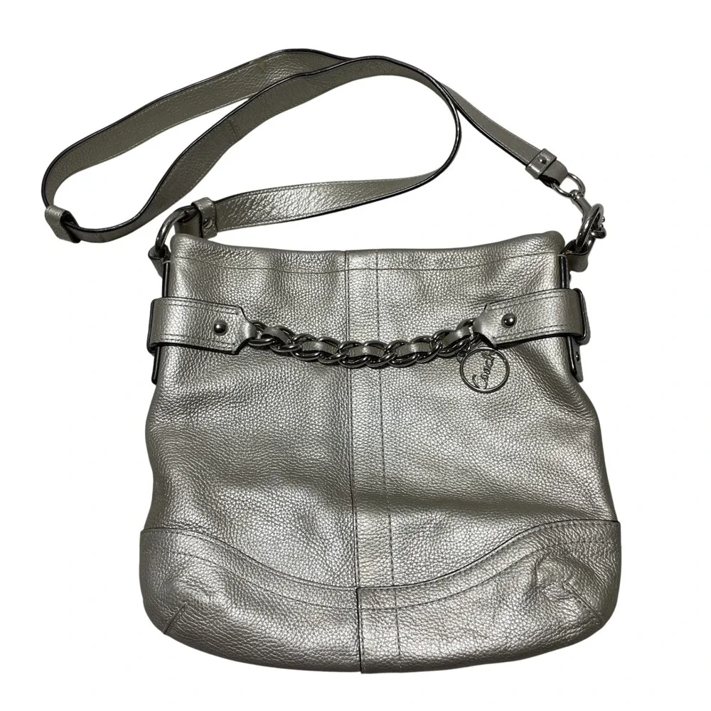 Coach Chain Duffle Bag in Silver Metallic Pebbled‎ Leather C1275 F19722